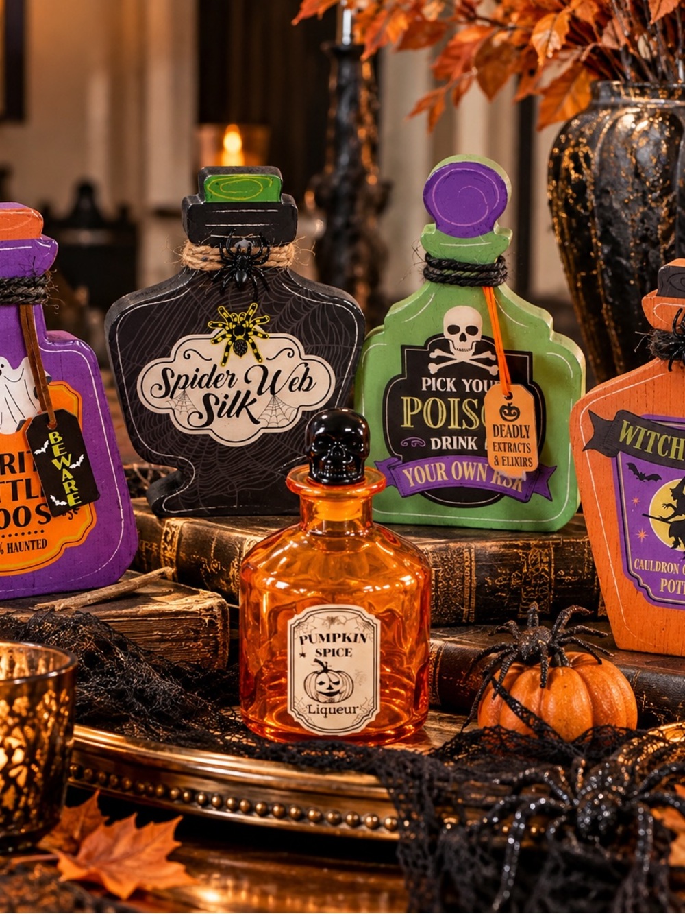 NWT Halloween Potion Bottle Decor Set of 5 Witch Spider Spooky Apothecary